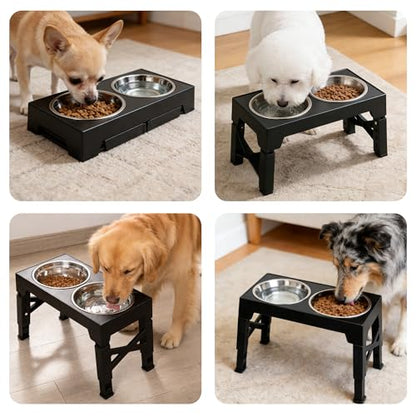 Elevated Dog Bowl Stand, Black, Adjustable Height, Double Stainless Steel Bowls,