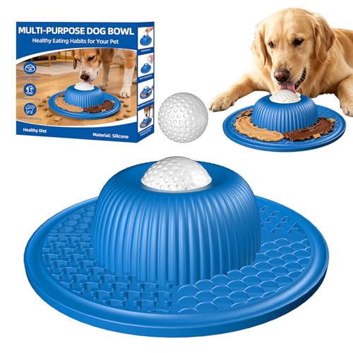 2-in-1 Dog Slow Feeder Bowl & Lick Mat with 2 Rotatable Balls, No-Slip Silicone Anxiety Relief Treat Mat for Dogs & Cats, Dishwasher Safe (Blue)