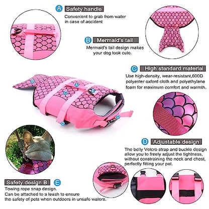 Dog Life Jacket Mermaid Swimming Vest Dog Safety Swimsuit Floatation Life Vest for French Bulldog/Pug(M,Mermaid) - size: Medium
