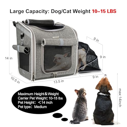 Dog Bike Basket, Expandable Soft-Sided Pet Carrier Backpack with 4 Open Doors, 4 Mesh Windows for Small Dog Cat Puppies - Grey - color: Grey-Fits 10-18 Lbs