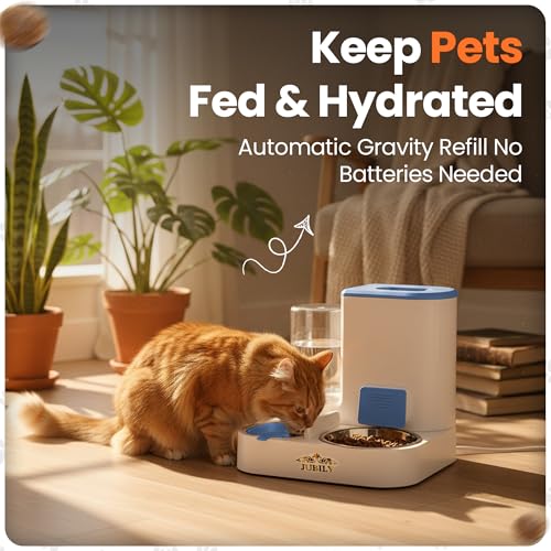 Automatic Cat Feeder & Water Dispenser – Gravity Cat Feeding Station with Stainless Steel Bowl, 2.2L Food & 1L Water Capacity, Automatic Pet Feeder for Cats & Small Dogs (Blue) - color: Blue