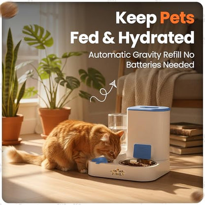 Automatic Cat Feeder & Water Dispenser – Gravity Cat Feeding Station with Stainless Steel Bowl, 2.2L Food & 1L Water Capacity, Automatic Pet Feeder for Cats & Small Dogs (Blue) - color: Blue