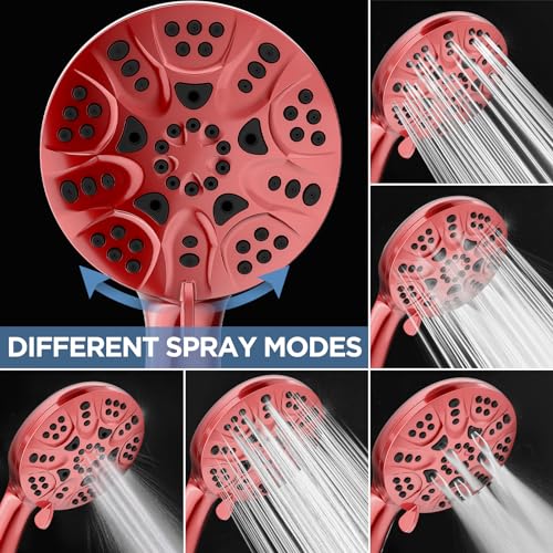 6-Mode High Pressure Handheld Shower Head Set, Consumer Reports Recommended HOPOPRO High Flow Hand Held Showerhead with 59 Inch Hose Bracket Teflon Tape Rubber Washers - color: Red, style: 6 Modes