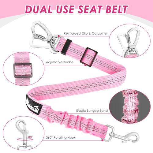 SlowTon Dog Seatbelt, 2 Pack Dog Seat Belt Car Leash Adjustable Elastic Bungee Buffer Heavy Duty Nylon Reflective Pet Safety Tether Connect to Dog Harness for Travel Riding in Vehicle (Daul Clip, PI) - color: Pink