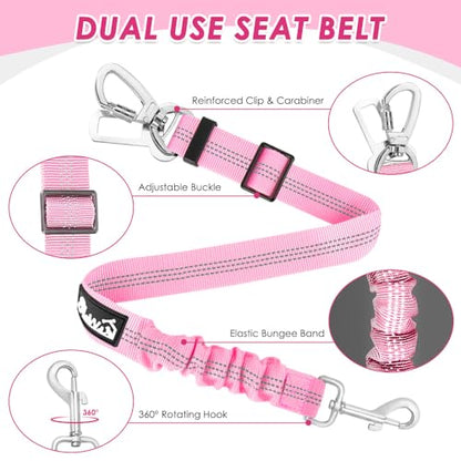 SlowTon Dog Seatbelt, 2 Pack Dog Seat Belt Car Leash Adjustable Elastic Bungee Buffer Heavy Duty Nylon Reflective Pet Safety Tether Connect to Dog Harness for Travel Riding in Vehicle (Daul Clip, PI) - color: Pink