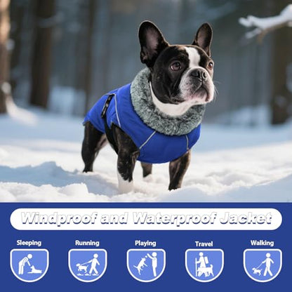 DENTRUN Warm Dog Winter Coat, Easy On Reflective Turtleneck Fleece Jacket | Adjustable buckle, easy on off, windproof & water-repellent, thick fleece snowsuit, outfit fits small to large breeds - color: Blue, size: Large