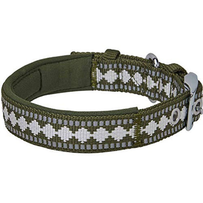 Blueberry Pet Reflective Jacquard Dog Collar with Neoprene Padding & Metal Buckle | Soft & Adjustable Safety Collar - Olive, Neck 13-16.5", for Medium Breed - color: Metal Buckle-Olive, size: Medium