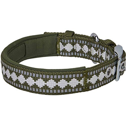 Blueberry Pet Reflective Jacquard Dog Collar with Neoprene Padding & Metal Buckle | Soft & Adjustable Safety Collar - Olive, Neck 17-20.5", for Large Breed - color: Metal Buckle-Olive, size: Large