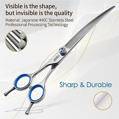 Left Handed Curved Scissors for Dog Grooming Professional 8 inch Long Downward Curved Shears Grooming for Poodle Large Dogs Pet 30°Japanese 440C Stainless Steel (8.0 curved) - size: 8.0 inch, style: Curved Shears