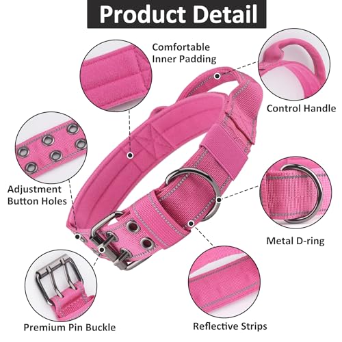 Tactical Dog Collar with Control Handle, Military Adjustable Pet Collar Reflective Heavy Metal Buckle Dog Collar, Soft Nylon Training Collar for Medium Large Dogs (Rose Red, Medium) - color: Rose Red, size: Medium