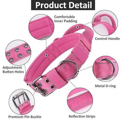 Tactical Dog Collar with Control Handle, Military Adjustable Pet Collar Reflective Heavy Metal Buckle Dog Collar, Soft Nylon Training Collar for Medium Large Dogs (Rose Red, Large) - color: Rose Red, size: Large