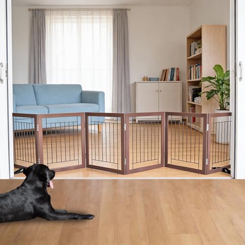 Dog Fence Indoor - 6-Panel Freestanding Dog Gate for Doorways, Hallways, House or Stairs -120x24-Inch Retractable Foldable Expandable Wood Pet by SFJC (Brown) - color: Brown, size: 【6 Panels】120''w X 24''h