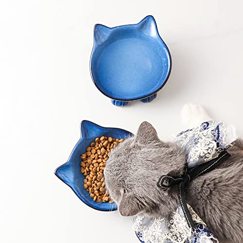 Nihow Ceramic Basic Cat Bowl: 5 Inch Cat Dish for Food & Water - Food Grade, Microwave & Dishwasher Safe - Elegant Blue & Black (4.25 OZ /1 PC) - color: Blue & Black, size: 4.25 OZ