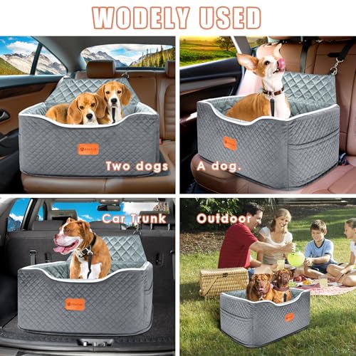 AlfaTok Memory Foam Booster Dog Car Seat for Medium Dogs Under 45 LBS, Elevated Pet Car Seat with Detachable Washable Cover, Anti-Slip Sturdy Dog Booster Seat with Seat Belt for Back Seat Travel