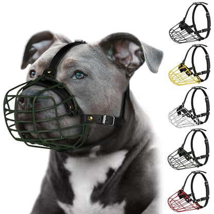 Pitbull Dog Muzzle Metal Mask Amstaff Secure Wire Basket Adjustable Durable Leather Straps for Large Dogs (Green) - color: Green