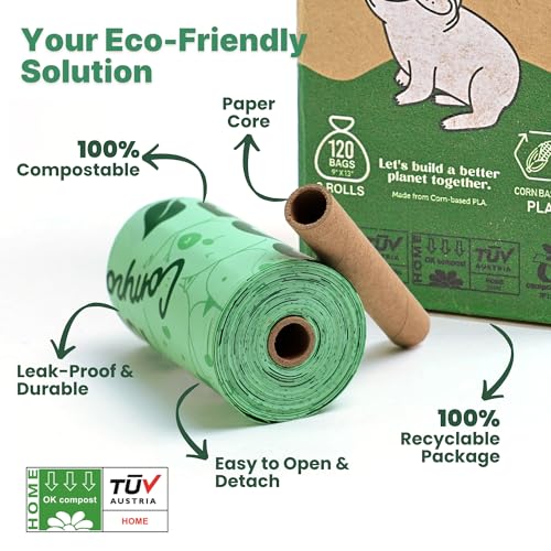 JIWON 100% Certified Home Compostable Dog Poop Bags, 120 Count (8 Rolls), 9"x13", OK Compost & Seedling, Thick & Leakproof, Plant Based Compostable Waste Bags, Unscented - style: 120 Bags