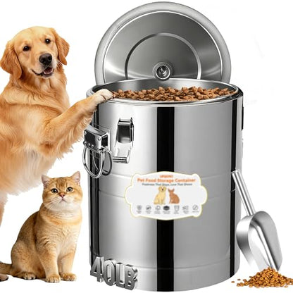 40lb Stainless Steel Dog Food Storage Container, Large Capacity Metal Pet Food Storage Container with Scoop, Airtight Dog & Cat Food Treat Bin for Dry Food Keep Fresh for Multi-Pet Households - size: 40lb