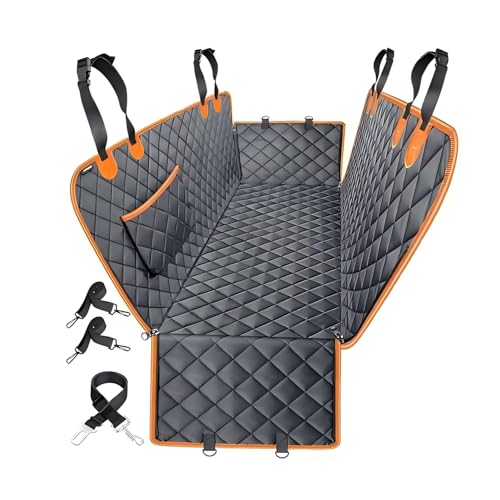 Jubily Dog Car Seat Cover for Back Seat, 100% Waterproof 600D Oxford Cloth Non-Slip Car Seat Protector, Universal Fit Pet Seat Cushion with Storage Pocket, Safety Ropes & Leash (Orange Edge) - color: Orange Edge