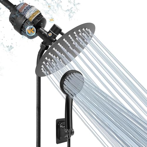 NearMoon Filtered Shower Head, High Pressure 8″Round Rain Shower and 5 settings Handheld Shower Filter Combo with Self-adhesive Holder/1.5M Hose -1 Replaceable Filter Cartridge (Matte Black) - color: Matte Black