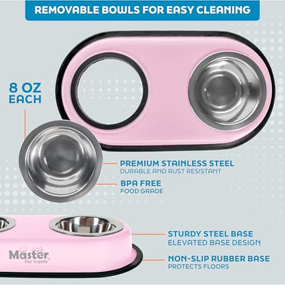 Master Pet Supply Double Dog Bowls Set with Elevated Base and 2 (8 oz) Stainless Steel Removable Dishes (Rose Quartz) – Double Cat Food Water Bowl, Dog Puppy Food Bowl Set, Rust Resistant - color: Rose Quartz