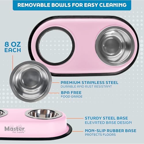 Master Pet Supply Double Dog Bowls Set with Elevated Base and 2 (8 oz) Stainless Steel Removable Dishes (Rose Quartz) – Double Cat Food Water Bowl, Dog Puppy Food Bowl Set, Rust Resistant - color: Rose Quartz