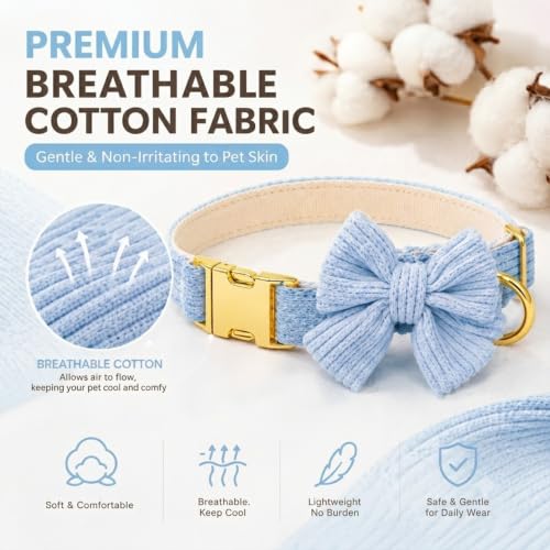 Dog Collar and Leash Set with Bowtie, Soft & Cute Puppy Collar, Cotton Puppy Collar with Adjustable Metal Buckle for Small, Medium Dog (Blue, Size M: Neck 13"-22") - color: Blue, size: M: Neck 13"-22" Leash 5 FT