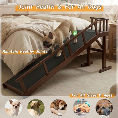 73" Dog Ramp for Bed with Rest Platform & Glow Strips, 20° Gentle Slope, EVA Non-Slip Surface, Removable Safety Rails, Birchwood Solid Wood, for Small, Large & Senior Dogs, Joint Protection, Brown - size: 73.2"L x 25"H x 15.7"W