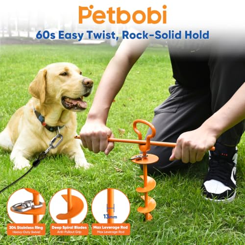Petbobi Dog Tie Out Cable & Stake, Heavy Duty 30FT Lead for 300lbs Dog | Escape-Proof Screw-Lock, 6mm Chew-Proof Tether, 16.5" Stake, 360° Swivel, 5-In-1 Set with Rod, Yard Beach & Camping Outside - size: 30ft