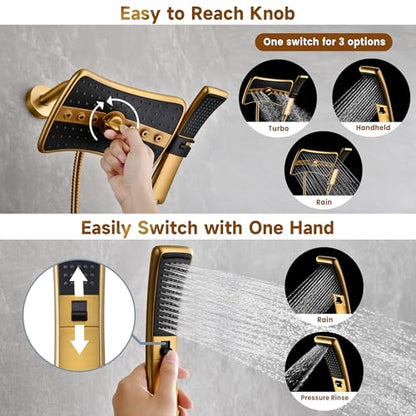BRIGHT SHOWERS Dual Shower Head with Handheld, High Pressure Rainfall Shower Head Combo, 60-Inch Stainless Steel Hose, Brushed Gold - color: Brushed Gold, size: 1.8 Gallon Per Minute