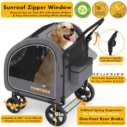 PAWZIDEA 3-in-1 Large Dog Stroller with Detachable Carrier up to 80lbs, Portable Dog Car Crate & Travel Kennel, Foldable Pet Stroller for 2 Medium Dogs, All-Terrain 9” Jogger Wheels, Adjustable Handle - color: Mid-Hemp Grey