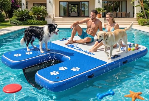 8x6ft Extra Large Inflatable Dog Dock & Boat Ramp for Multiple Large Dogs, 800 LBS Load Capacity, with Anti-Slip EVA Foam & Built-in Ice Bucket Compartment, Dog Water Ramp for Pool Boat Beach Blue - color: Blue + White