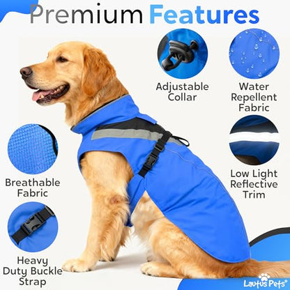 Waterproof Dog Rain Coat, Reflective Safety Strips & Leash Hole – Lightweight Adjustable Jacket for Medium Breeds - M, Blue - color: Blue, size: Medium