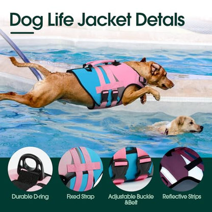 Kuoser Dog Life Jacket with Reflective Strips, High Visibility Dogs Swim Vest with Rescue Handle, Adjustable Dog Life Vest for Swimming, Boating, Pool & Beach, Doggy Lifejacket Small Medium Large Dogs - color: Pink & Aqua Blue, size: Medium (Chest Girth:2