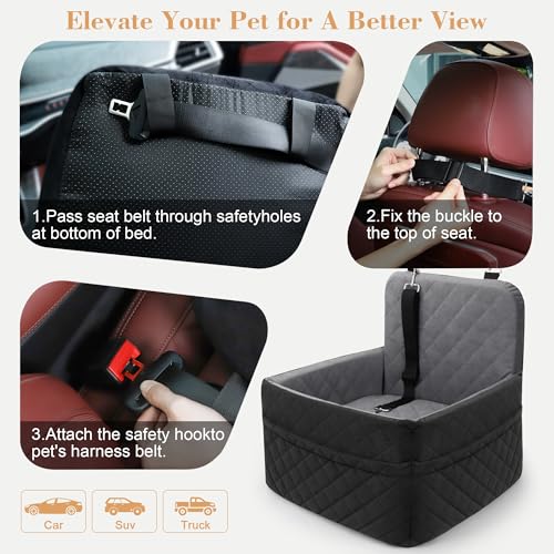Dog Car Seat for Small/Medium Dogs,Pet Dog Booster Car Seat Puppy 15-35 lbs with Soft 4+2in Detachable Pads Detachable Elevated Cushion and Washable Cover Safety Belt Storage Pockets Easy to Install - color: grey+black
