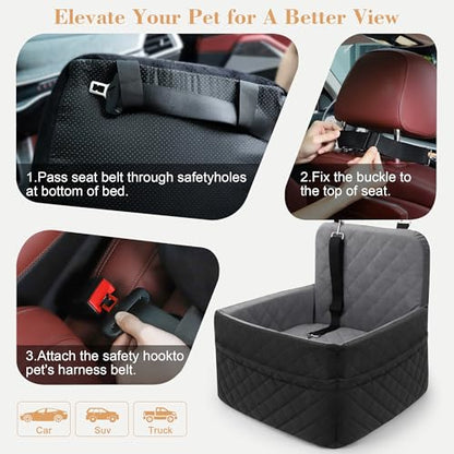 Dog Car Seat for Small/Medium Dogs,Pet Dog Booster Car Seat Puppy 15-35 lbs with Soft 4+2in Detachable Pads Detachable Elevated Cushion and Washable Cover Safety Belt Storage Pockets Easy to Install - color: grey+black