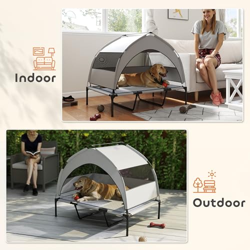PawHut Elevated Dog Bed with Cooling Pad, Raised Outdoor Pet Bed with Removable Canopy, Breathable Mesh, Storage Bag, Portable Pet Cot for Indoor Outdoor Large Dogs, 42" x 30" x 37", Light Gray - size: 3.5' L x 2.5' W x 3.1' H