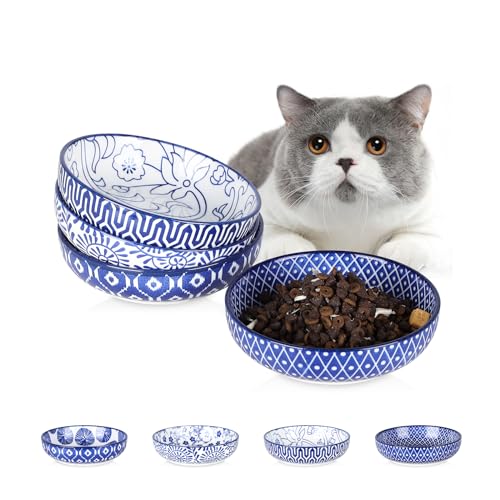 Selamica 세라믹 고양이 사료 그릇 4개 세트, 14cm(5.6인치) 너비의 얕은 고양이 그릇/음식과 물용 접시, 빈티지 블루 - color: 빈티지 블루, size: 5.6 Inch, Set of 4