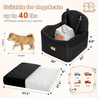 Dog Car Seat for Medium/Small Dogs, Dog Booster Car Seat, Pet Booster Seats Up to 40lbs with Waterproof Layer, 3 Storage Pockets and Safety Belt (Black) - color: Black