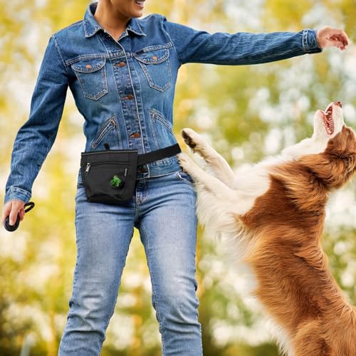 Gobeigo Dog Treat Pouch and Training Clicker, Upgrade Two Magnetic Closure to Prevent Spills, 2 Cup Treat Bag with Poop Bag Dispenser, Metal Clip Waist Belt Fanny Pack for Pet Walk (Black) - color: A-Black
