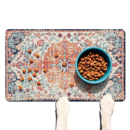Absorbent Pet Dog Bowl Mat for Food and Water, Pet Cat Food Feeding Mat with Non Slip Rubber Backing, Dog Food Mats for Floors Waterproof, 17"x30" - color: Boho Distressed Orange, size: 30"L x 17"W