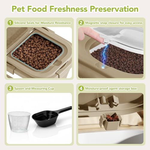 Summark Ca15 Lbs Dog/Cat Food Storage Container,Collapsible Food Storage Containers with Rolling Wheel Airtight Locking Lid,Pet Food Storage Container with Cup and Scoop,Khaki - color: Khaki