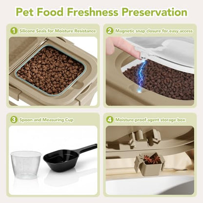 Summark Ca15 Lbs Dog/Cat Food Storage Container,Collapsible Food Storage Containers with Rolling Wheel Airtight Locking Lid,Pet Food Storage Container with Cup and Scoop,Khaki - color: Khaki
