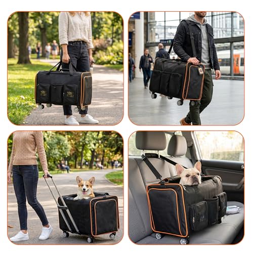 2 in 1 Large Cat Carrier for 2 Cats, Rolling Pet Carrier with Wheels, Expandable Foldable Double Pet Carrier with Removable Divider, Cat Travel Crate for Car/Camping/Vet, Black