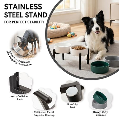Dog Bowls Elevated - Ceramic Raised Dog Bowl with Non Slip Steel Stainless Stand - No Spill and Heated Feeding Station - Food and Water Dish Set for Medium to Large Pet - Each Holds 7.5 Cups – Green - color: Green, size: 2 Bowls - 7.5 Cups Each