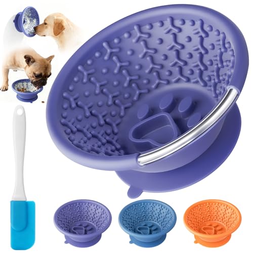 Dog Lick Bowl, Non-Slip Slow Feeder Licking Mat & Treat Dispenser (Wide Bowl Mouth w/Inlaid Stainless Steel Ring) - Interactive Toys, Anxiety Reducer, Freeze Bone for Dogs, BPA Free Silicone - color: purple