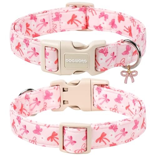 DOGWONG Pink Dog Collar, Cute Flower Girl Female Dog Collar Adjustable Soft Bowtie Print Pet Dog Collar Puppy Necklace for Small Dogs,XS - color: Flower Pinkbow, size: Extra Small