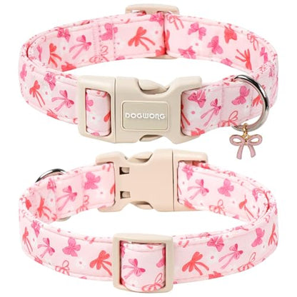 DOGWONG Pink Dog Collar, Cute Flower Girl Female Dog Collar Adjustable Soft Bowtie Print Pet Dog Collar Puppy Necklace for Small Dogs,XS - color: Flower Pinkbow, size: Extra Small