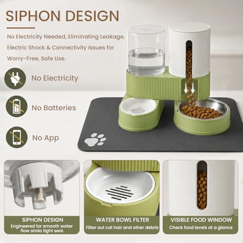 Gravity Cat Feeder 2 Pack Automatic Food Feeder and Water Dispenser Set Detachable Pet Bowl with Silicone Mat for Cats Small Medium Dogs, Large Capacity(Green) - color: Green-With mat