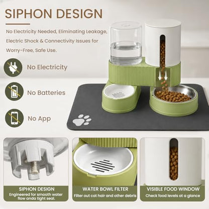 Gravity Cat Feeder 2 Pack Automatic Food Feeder and Water Dispenser Set Detachable Pet Bowl with Silicone Mat for Cats Small Medium Dogs, Large Capacity(Green) - color: Green-With mat