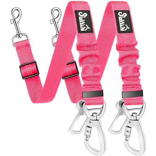 SlowTon Dog Seatbelt, 2 Pack Dog Seat Belt Car Leash Adjustable Elastic Bungee Buffer Heavy Duty Nylon Reflective Pet Safety Tether Connect to Dog Harness for Travel Riding in Vehicle (Daul Clip, FL) - color: Fluorescent pink
